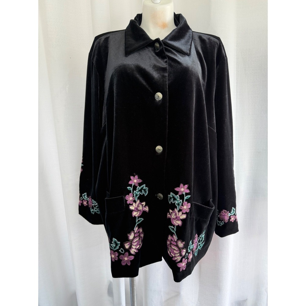 Vintage Black Velvet Jacket Plus‎ Size 36 Floral Embroidery Artsy Whimsygoth